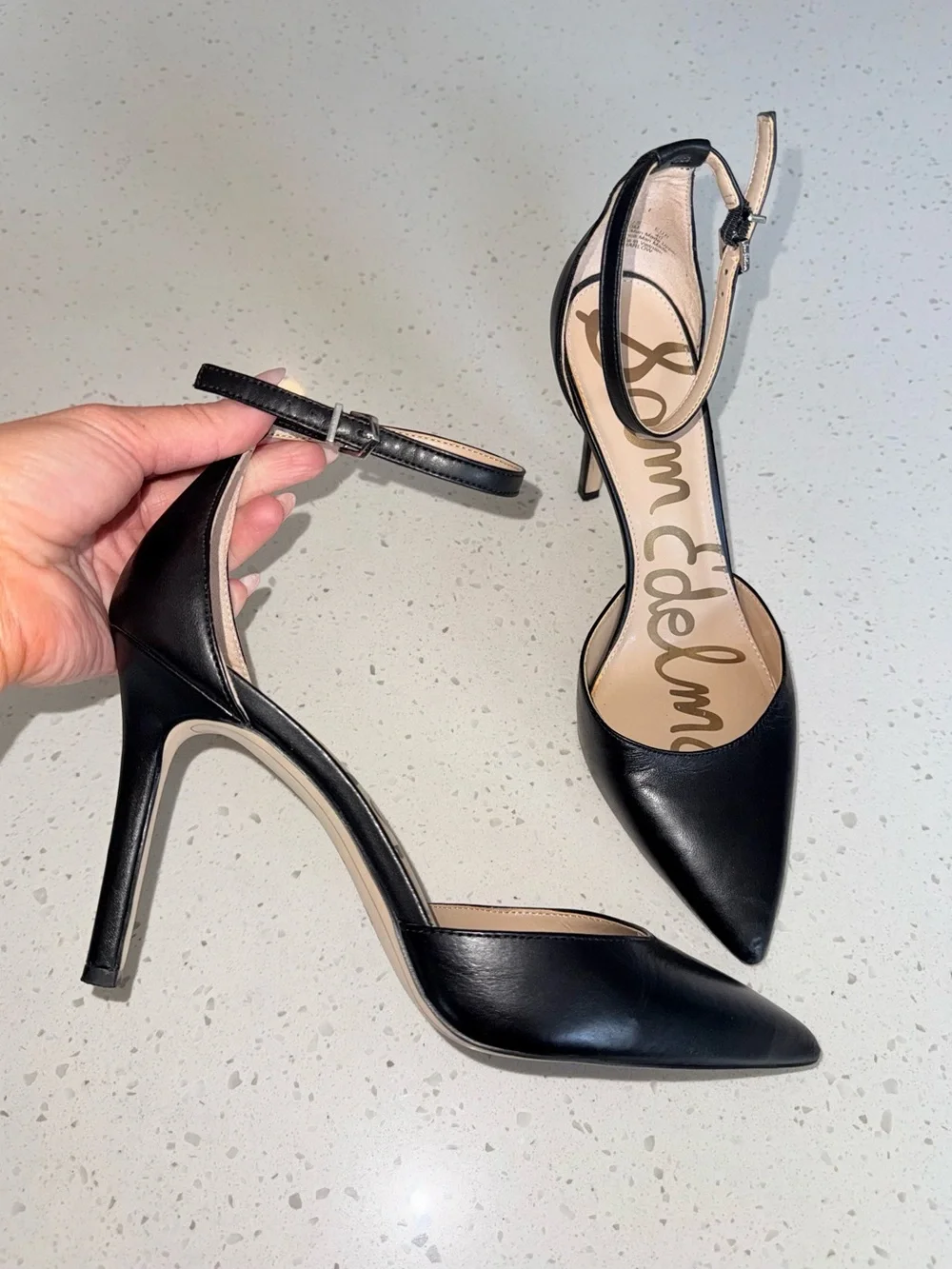 Sam Edelman Black Leather Pointed Ankle-Strap Stilettos